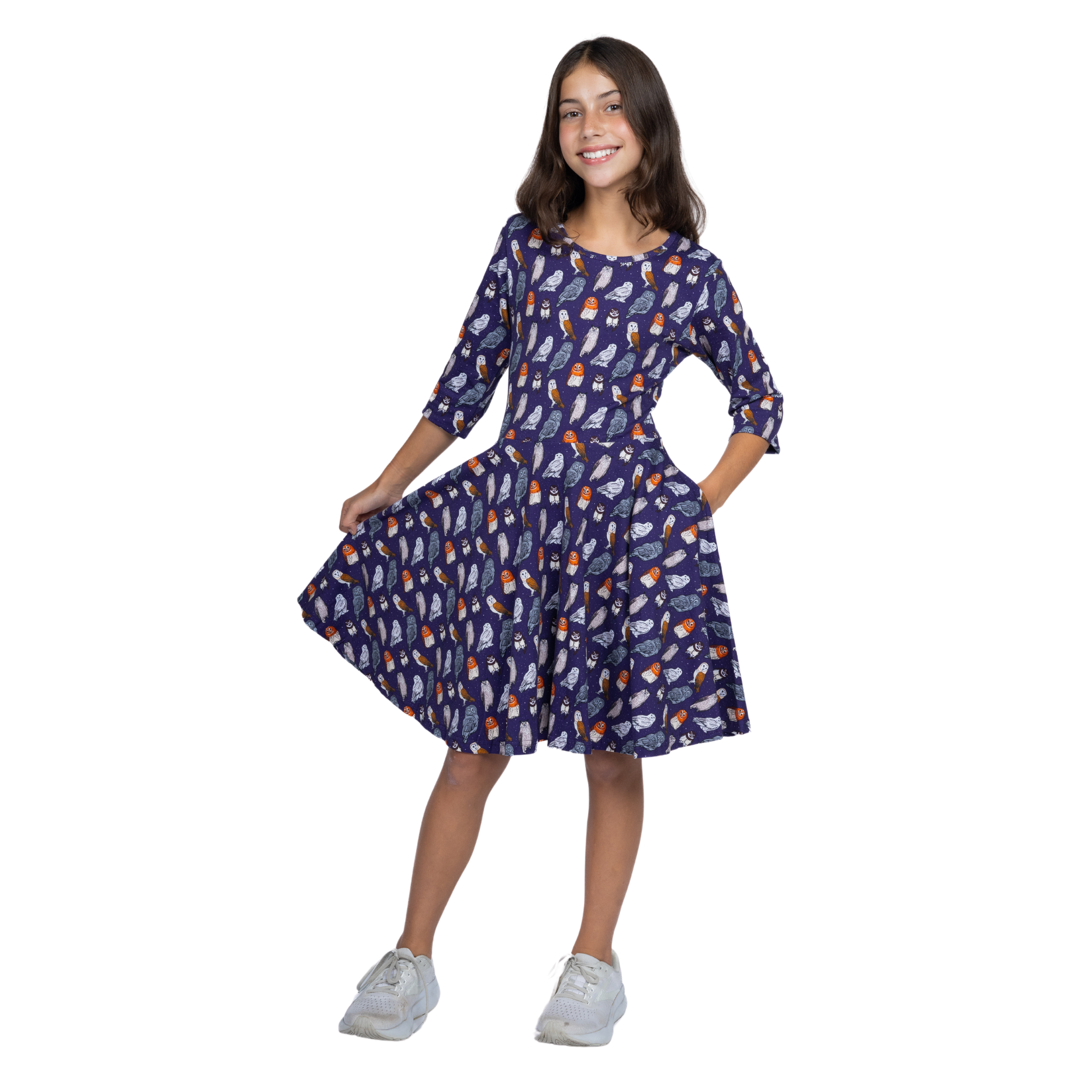 Owls 3/4th Sleeves Kids Twirl Dress