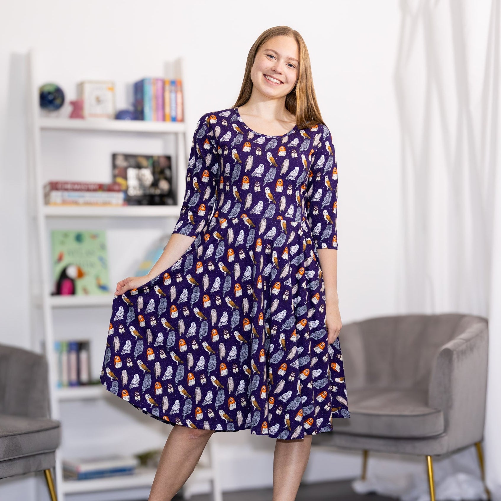 Owls 3/4th Sleeves Twirl Dress