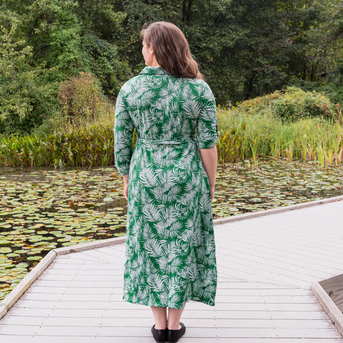Palm Grove Button-Up Dress with Pockets