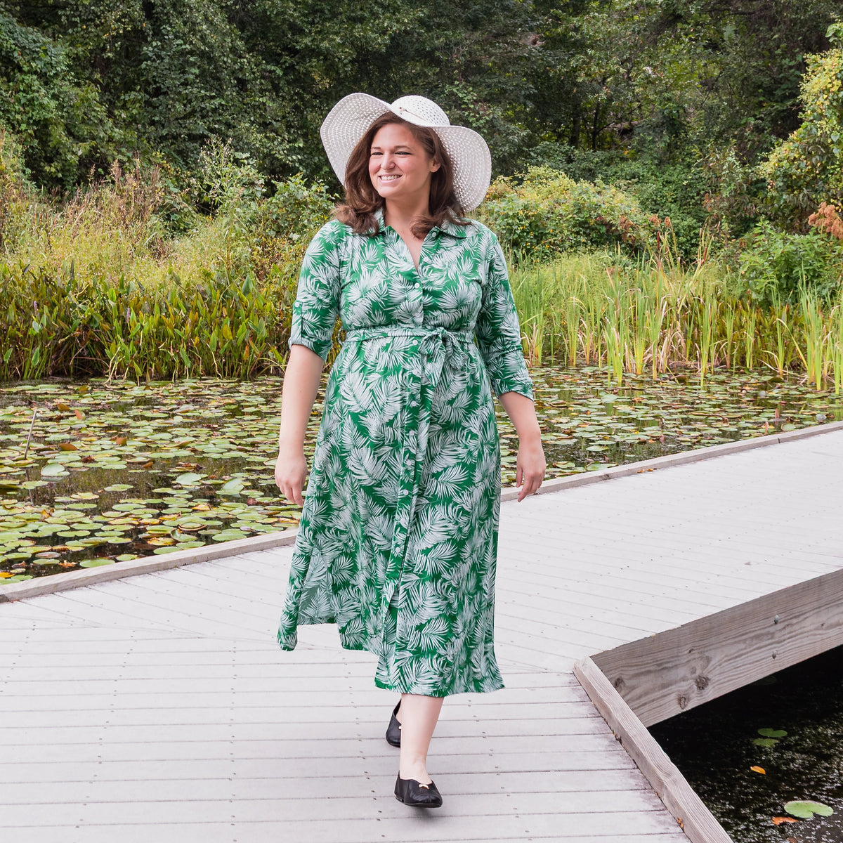 Palm Grove Button-Up Dress with Pockets