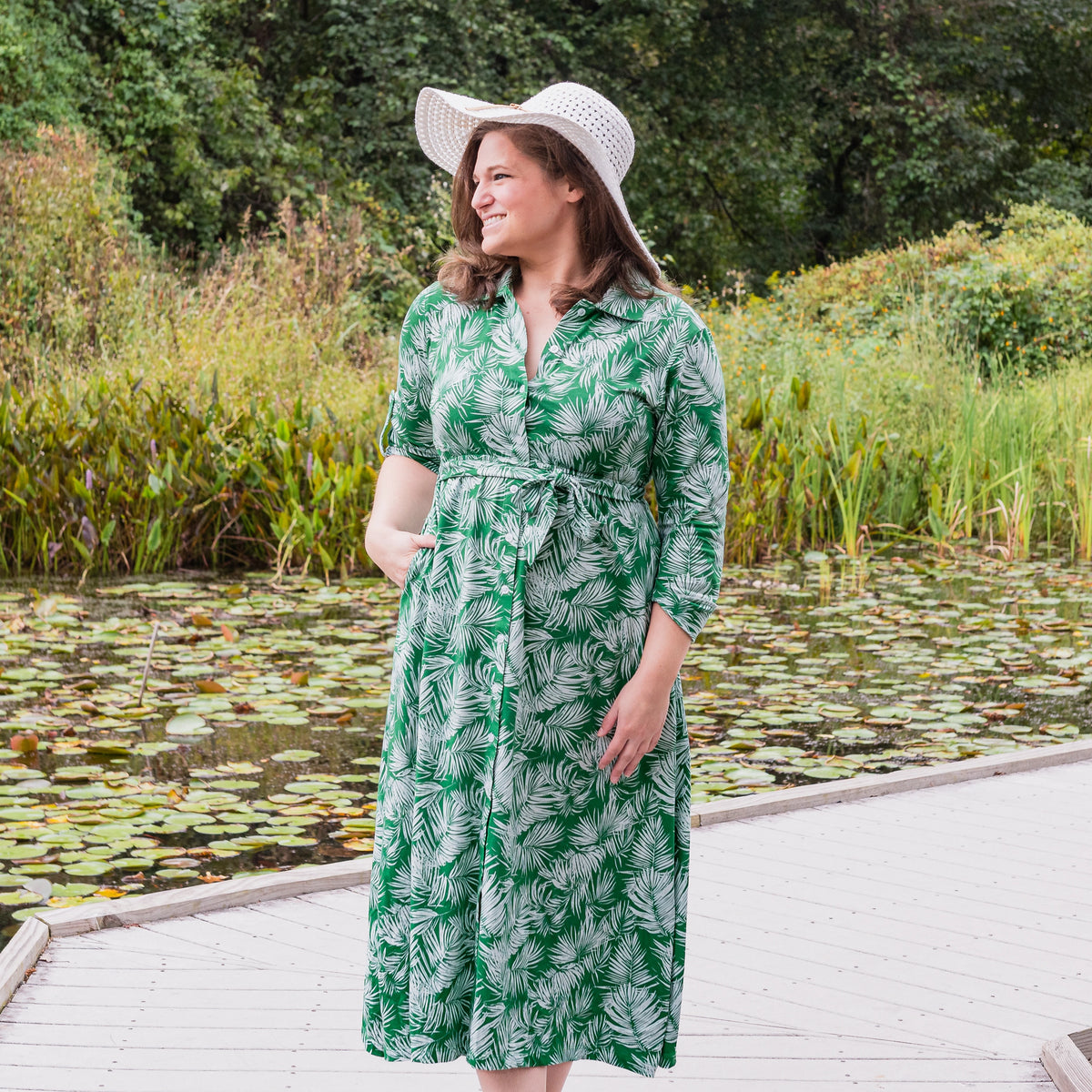 Palm Grove Button-Up Dress with Pockets
