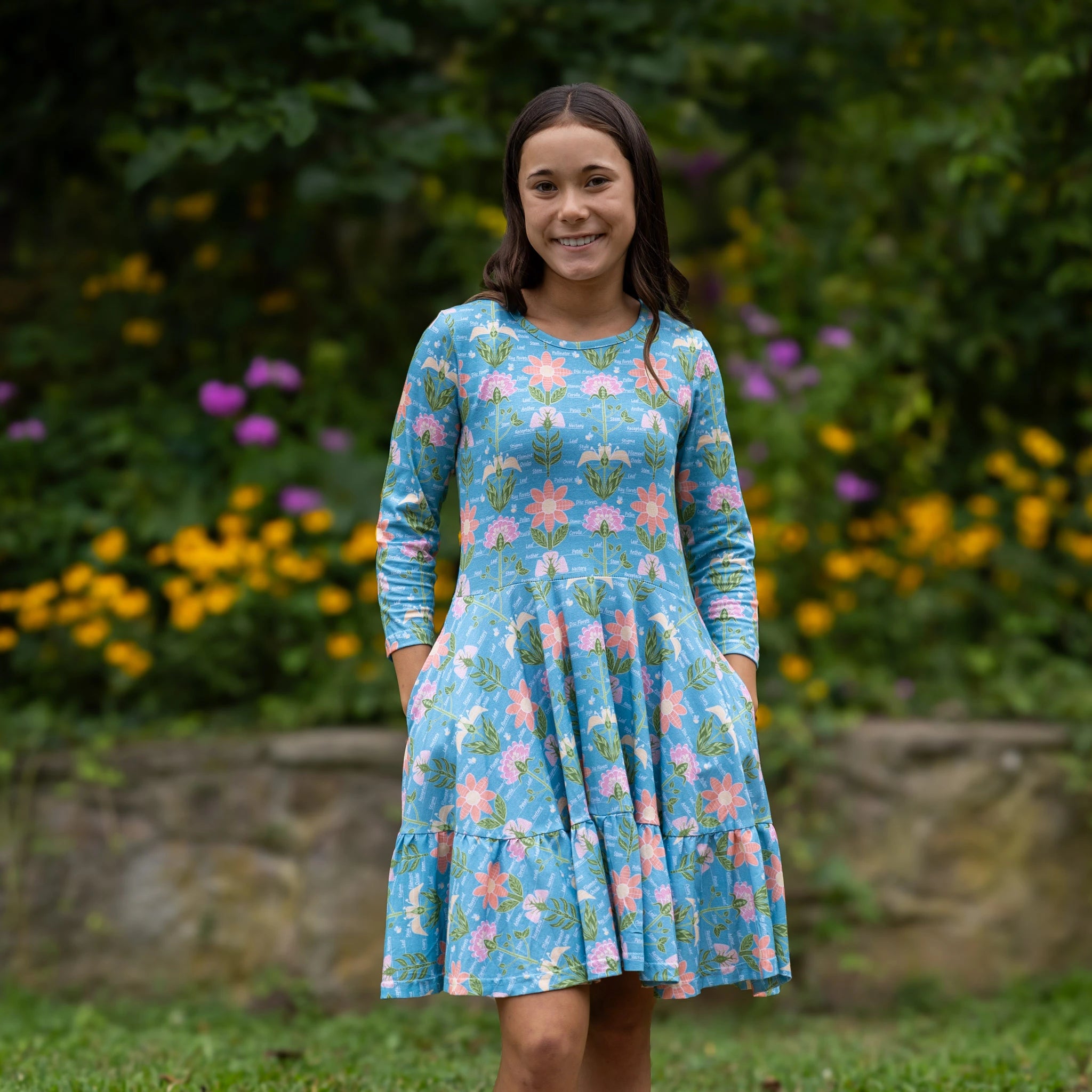 Parts Of A Flower 3/4th Sleeves Kids Twirl Dress with Frill