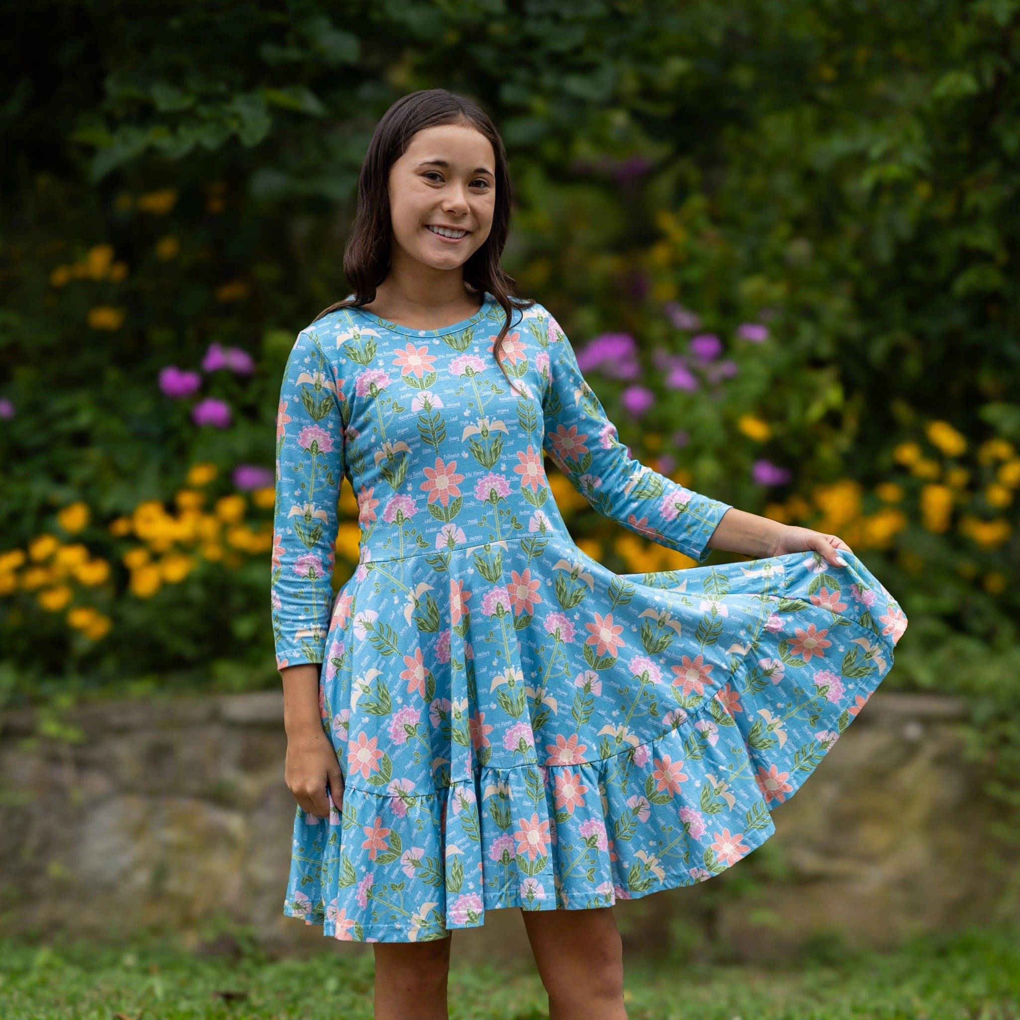 Parts Of A Flower 3/4th Sleeves Kids Twirl Dress with Frill