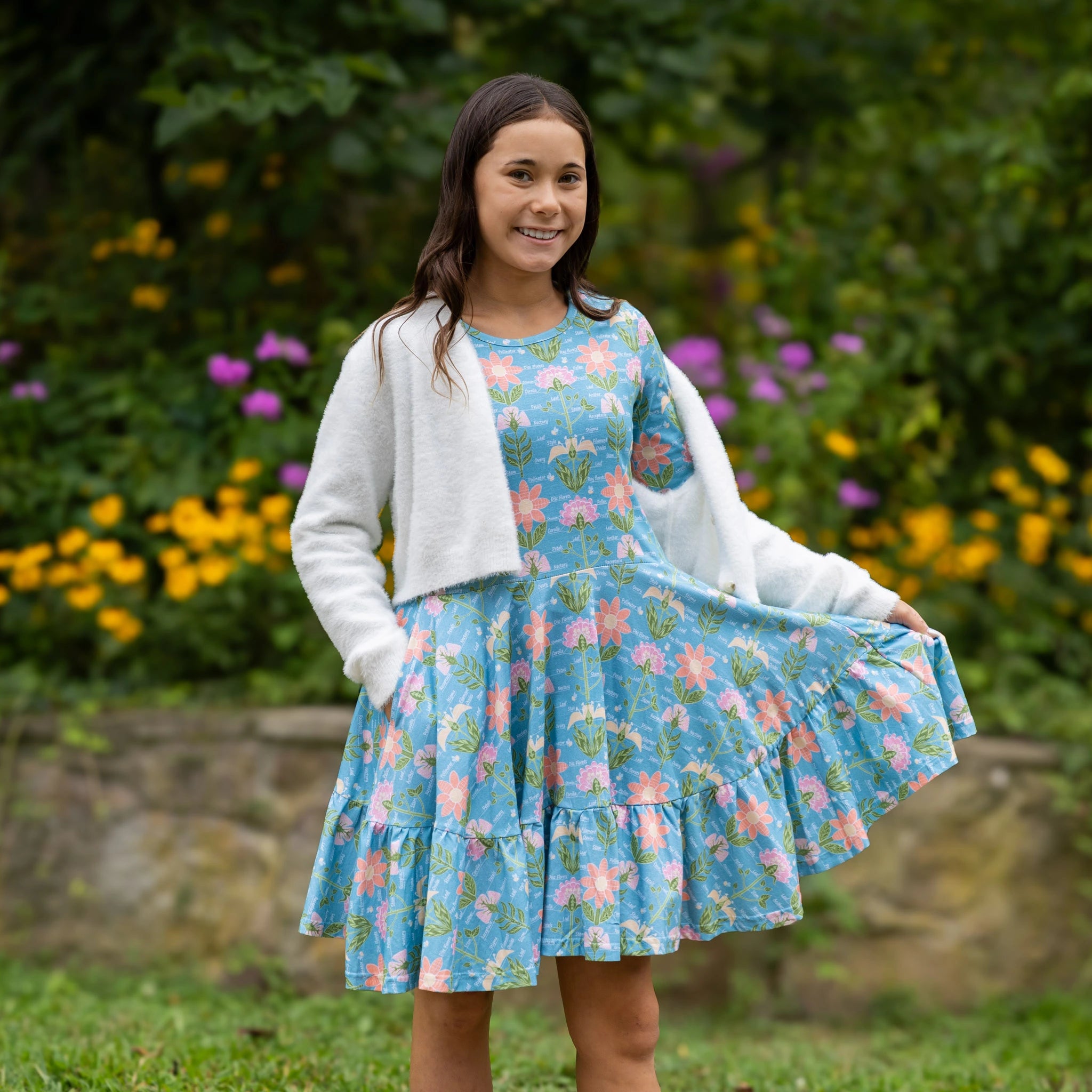 Parts Of A Flower 3/4th Sleeves Kids Twirl Dress with Frill