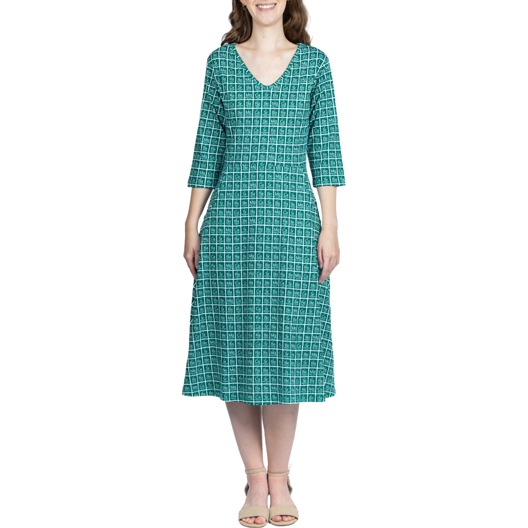 Periodic Table Alkaline-Earth Metals 3/4th Sleeves Midi Dress (With Waist Seam)