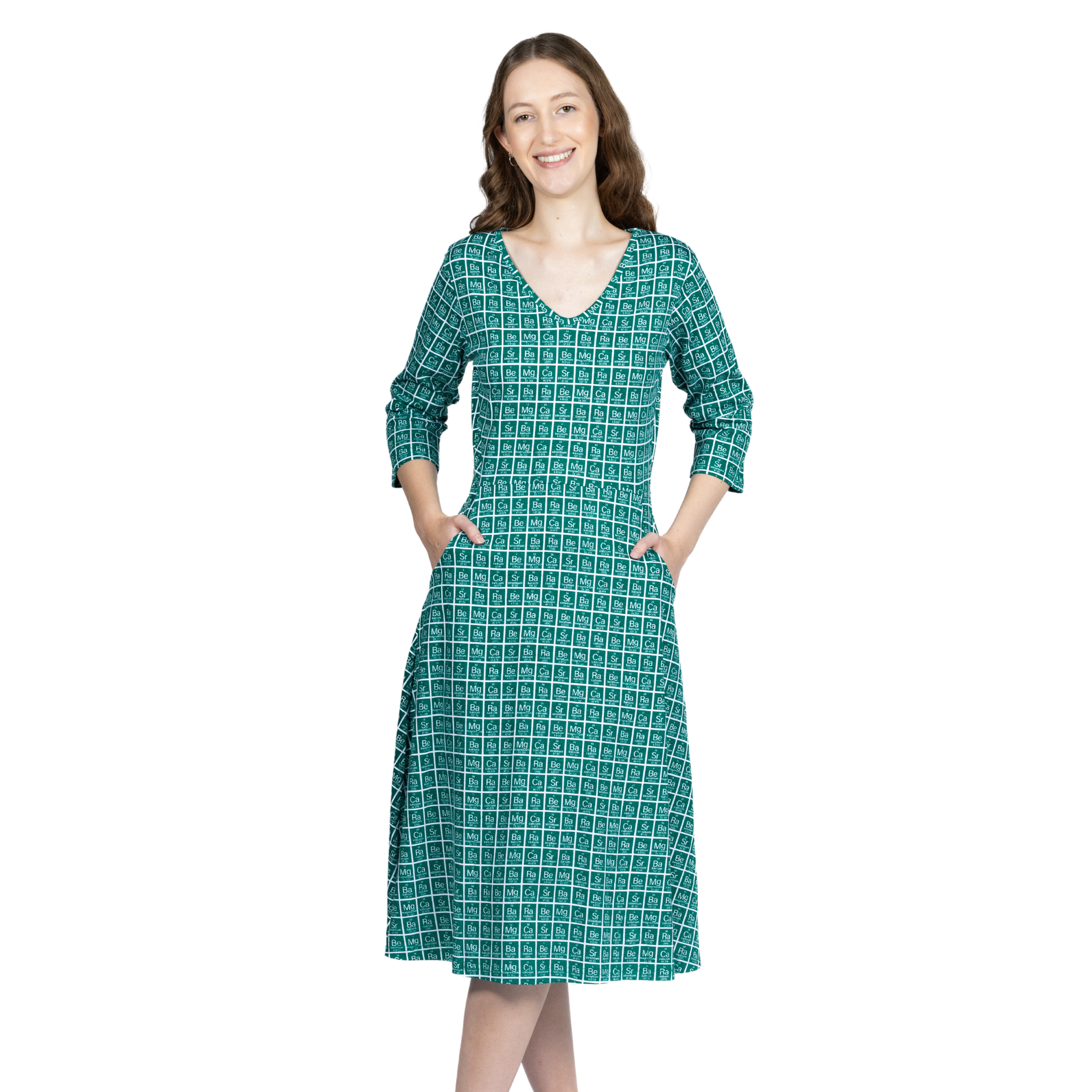 Periodic Table Alkaline-Earth Metals 3/4th Sleeves Midi Dress (With Waist Seam)