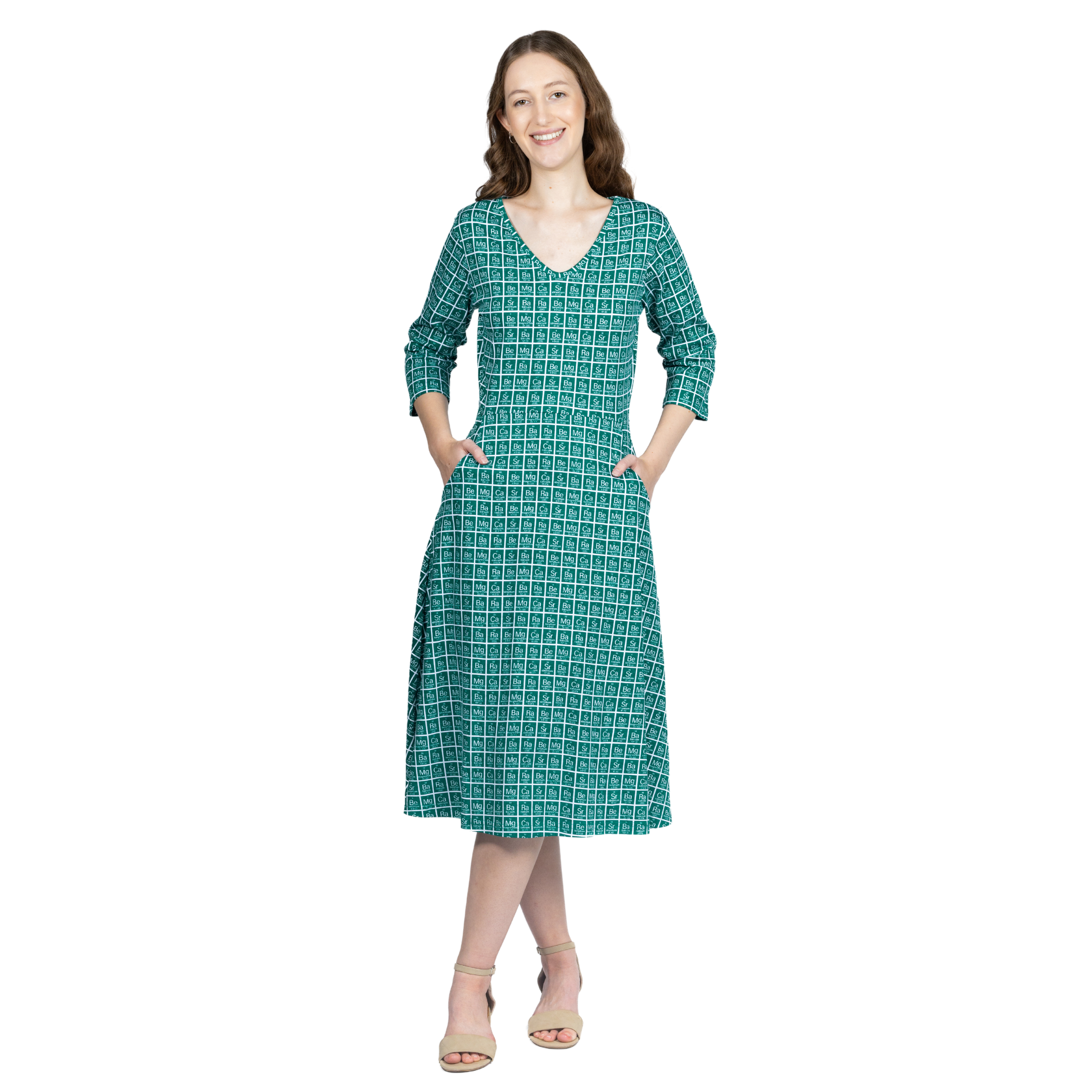 Periodic Table Alkaline-Earth Metals 3/4th Sleeves Midi Dress (With Waist Seam)