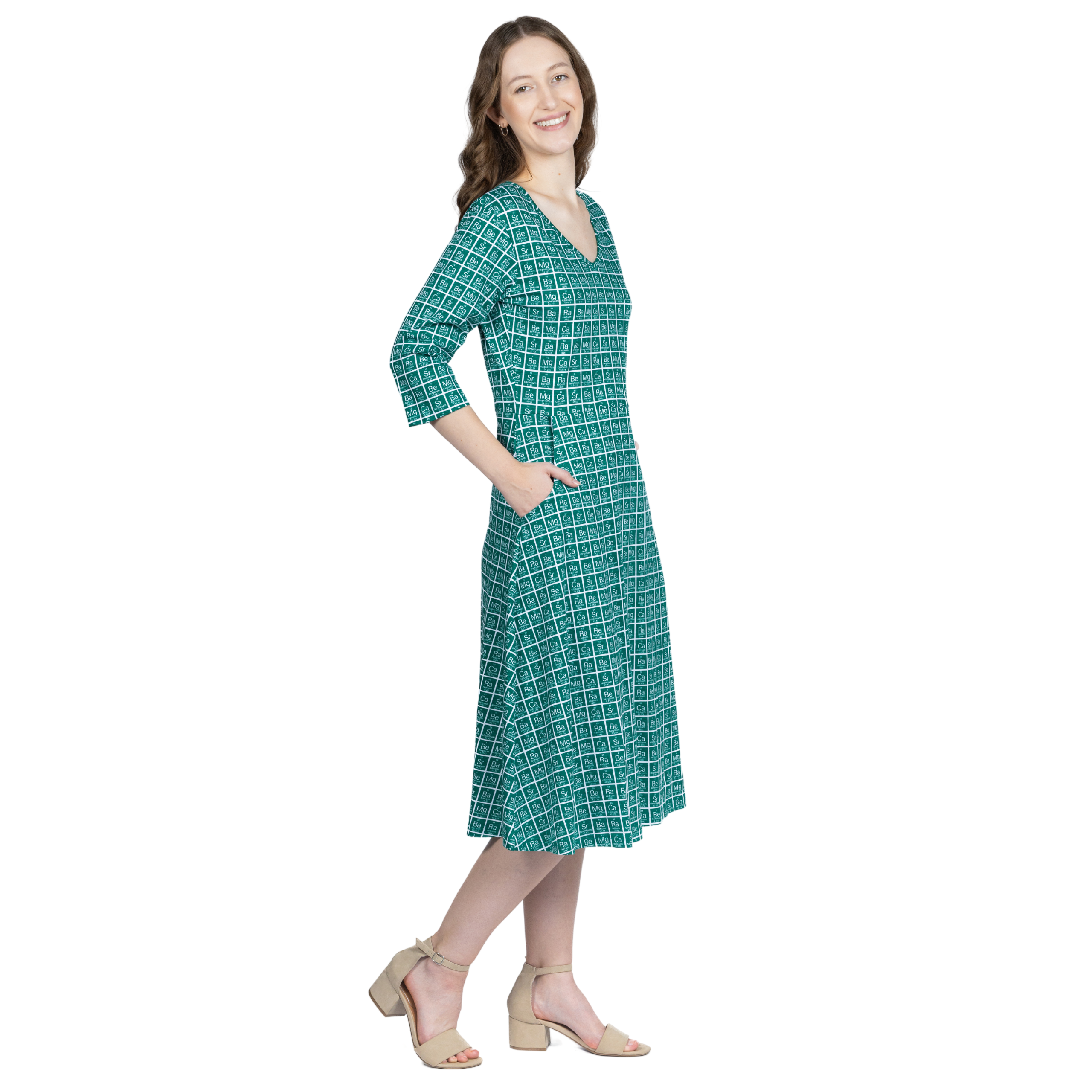 Periodic Table Alkaline-Earth Metals 3/4th Sleeves Midi Dress (With Waist Seam)