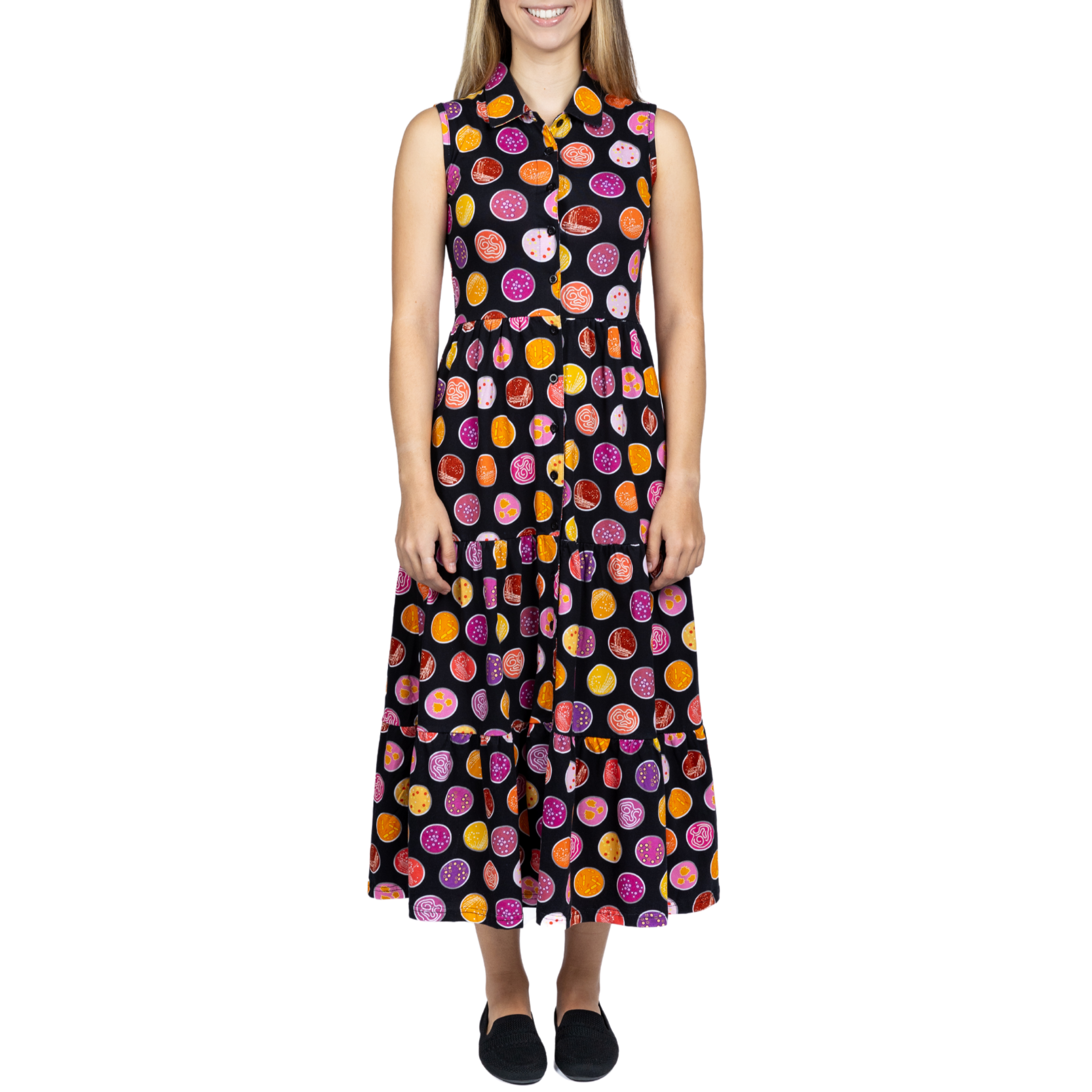 Petri Dish Button-Up Tiered Long Midi Dress (With Waist Seam)