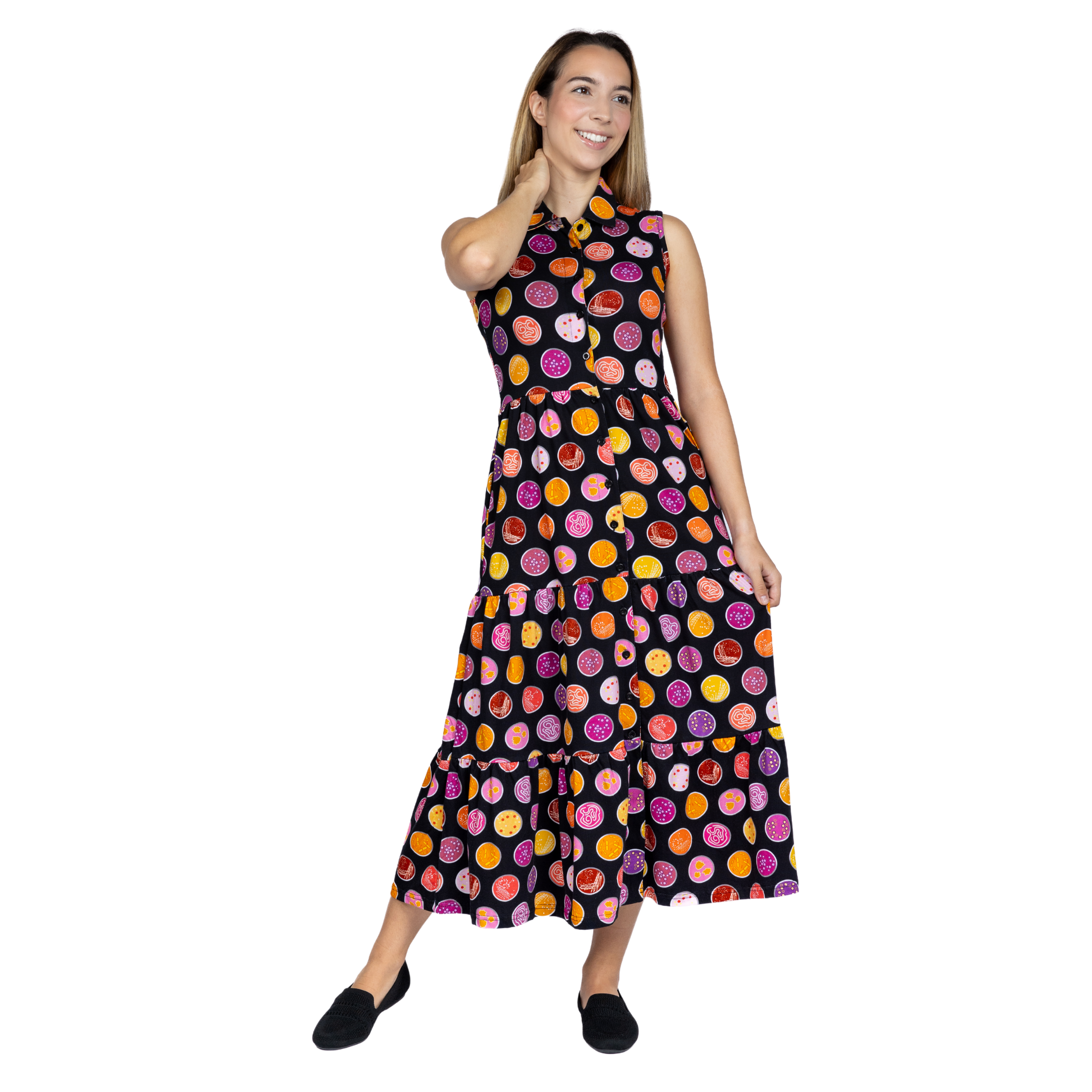 Petri Dish Button-Up Tiered Long Midi Dress (With Waist Seam)