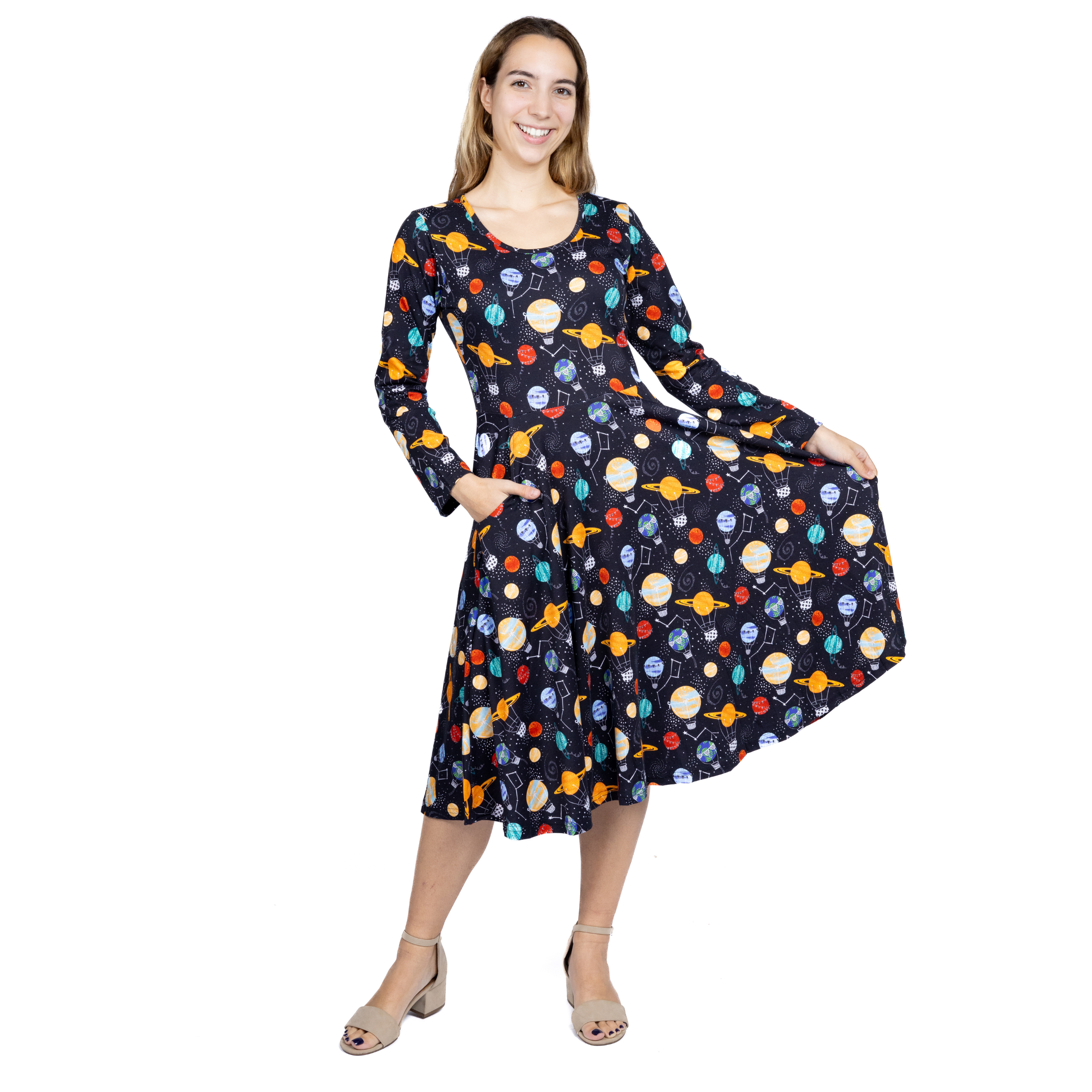 Planet Balloons Long Sleeves Twirl Dress