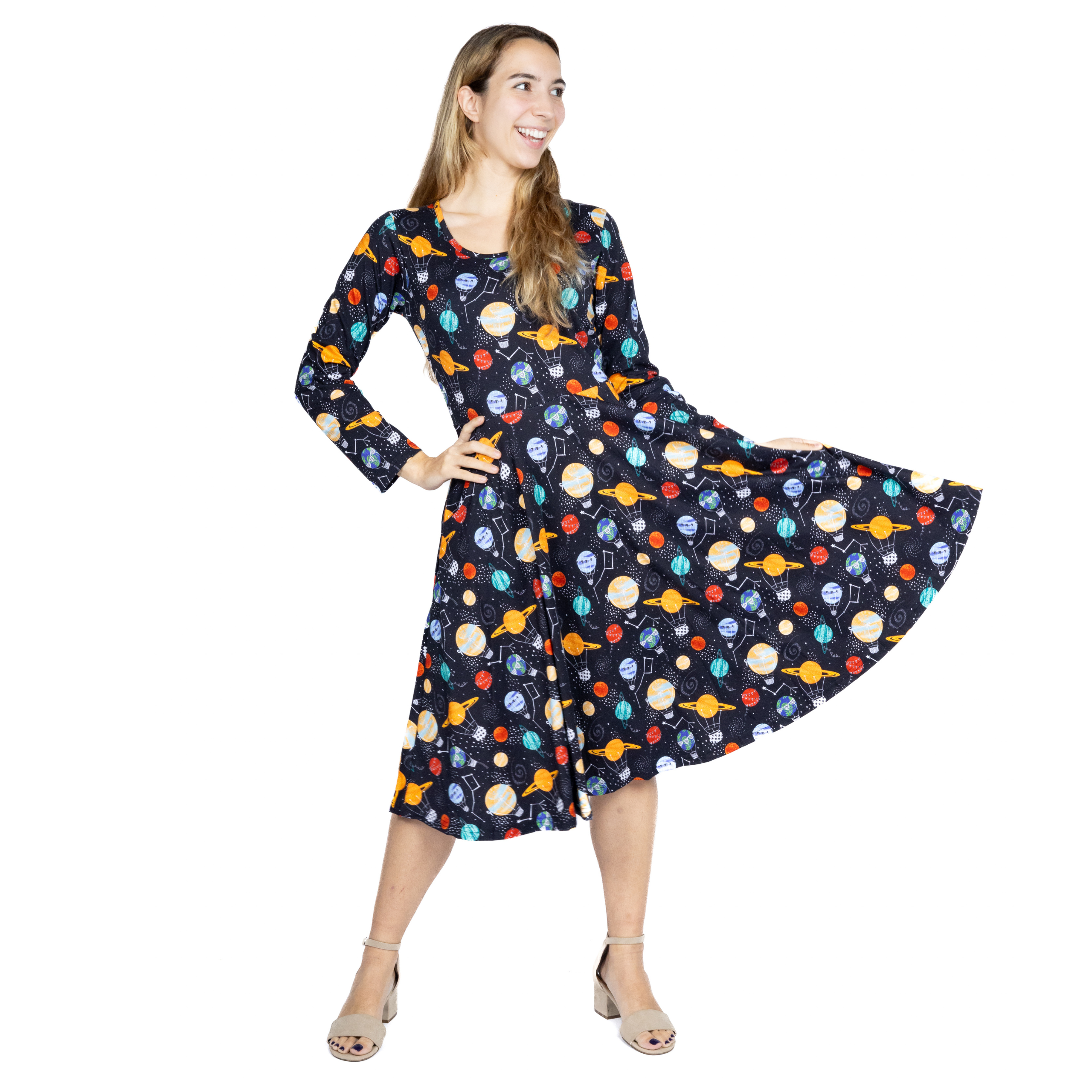 Planet Balloons Long Sleeves Twirl Dress