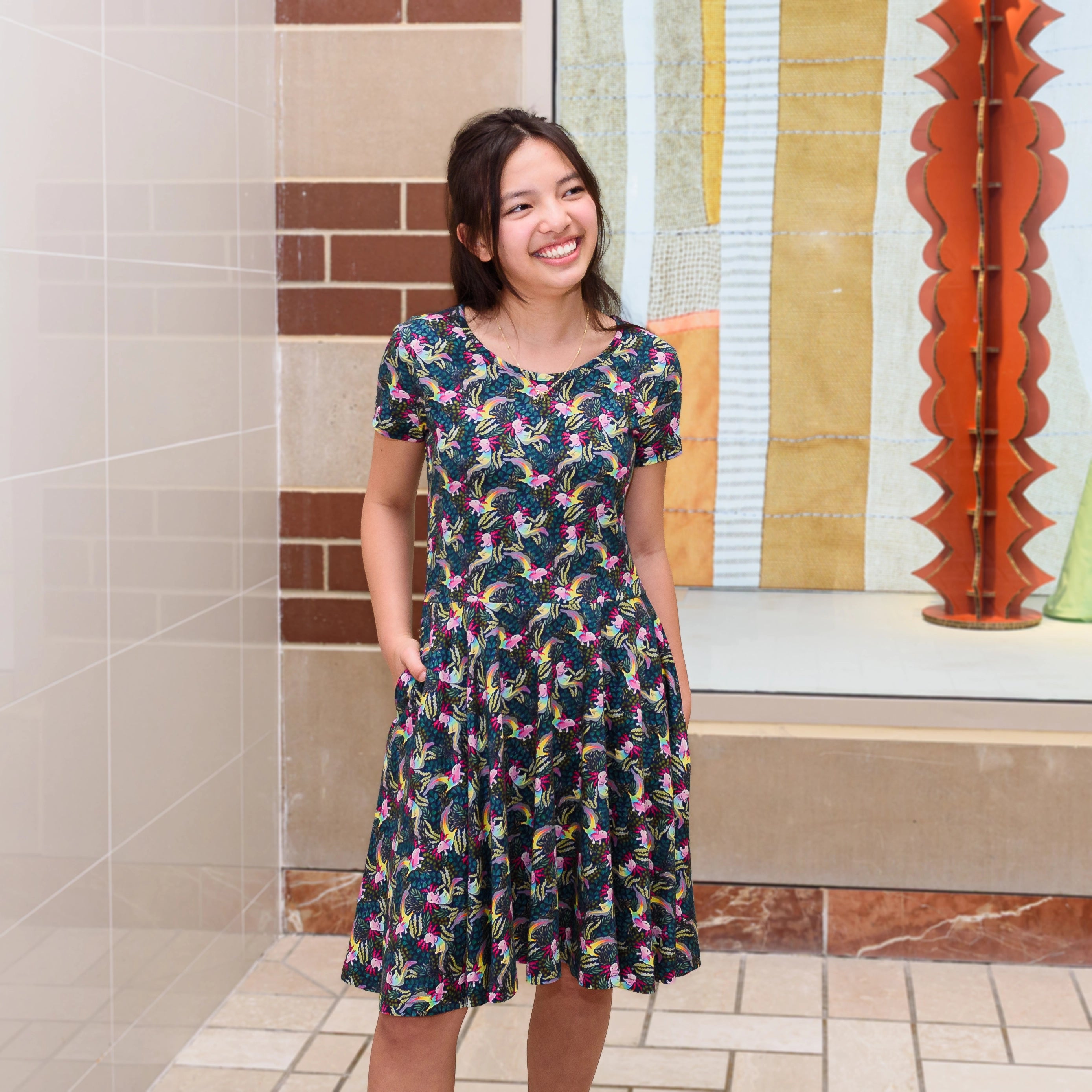 Rainbow Axolotl Kids Twirl Dress with Pockets