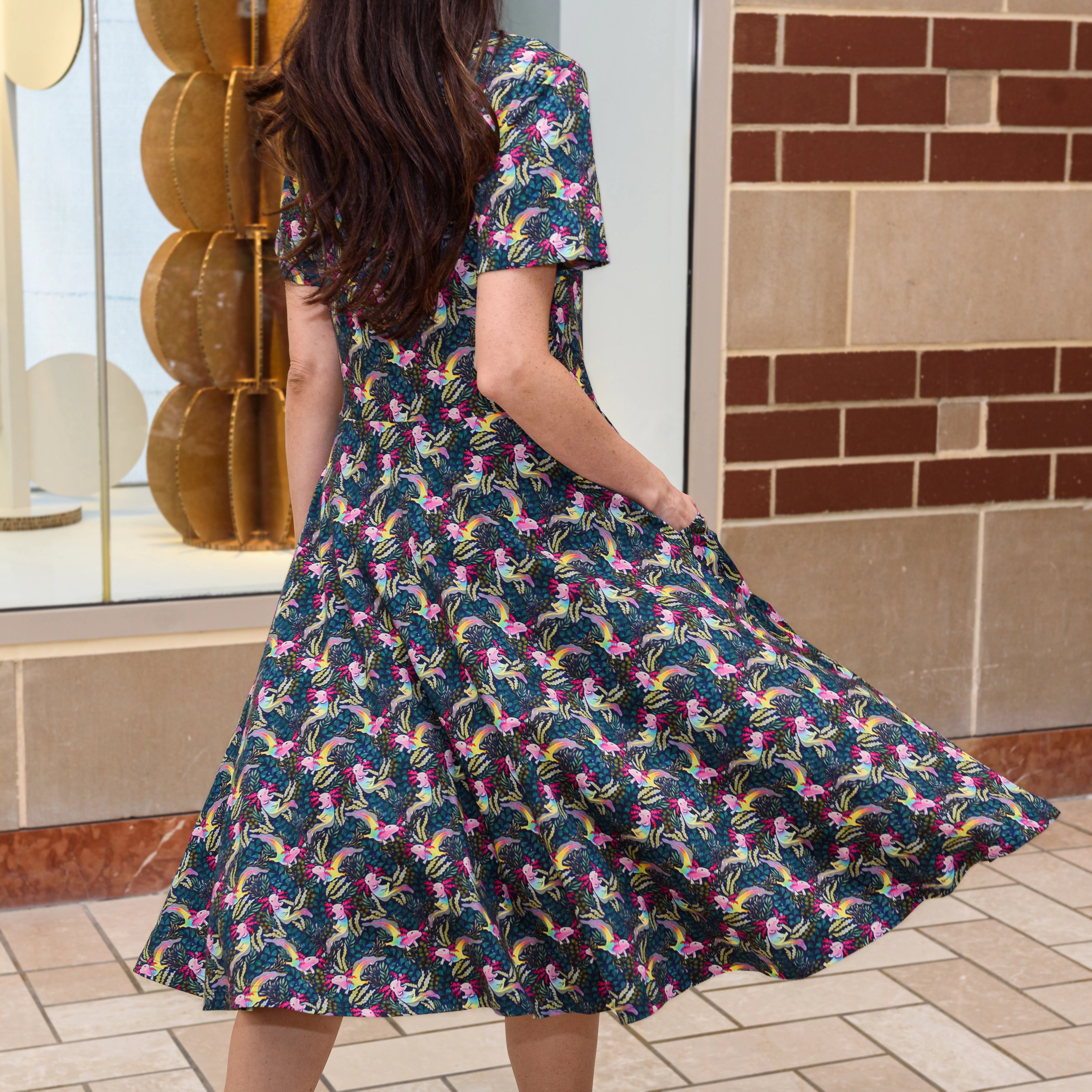 Rainbow Axolotl Twirl Dress with Pockets