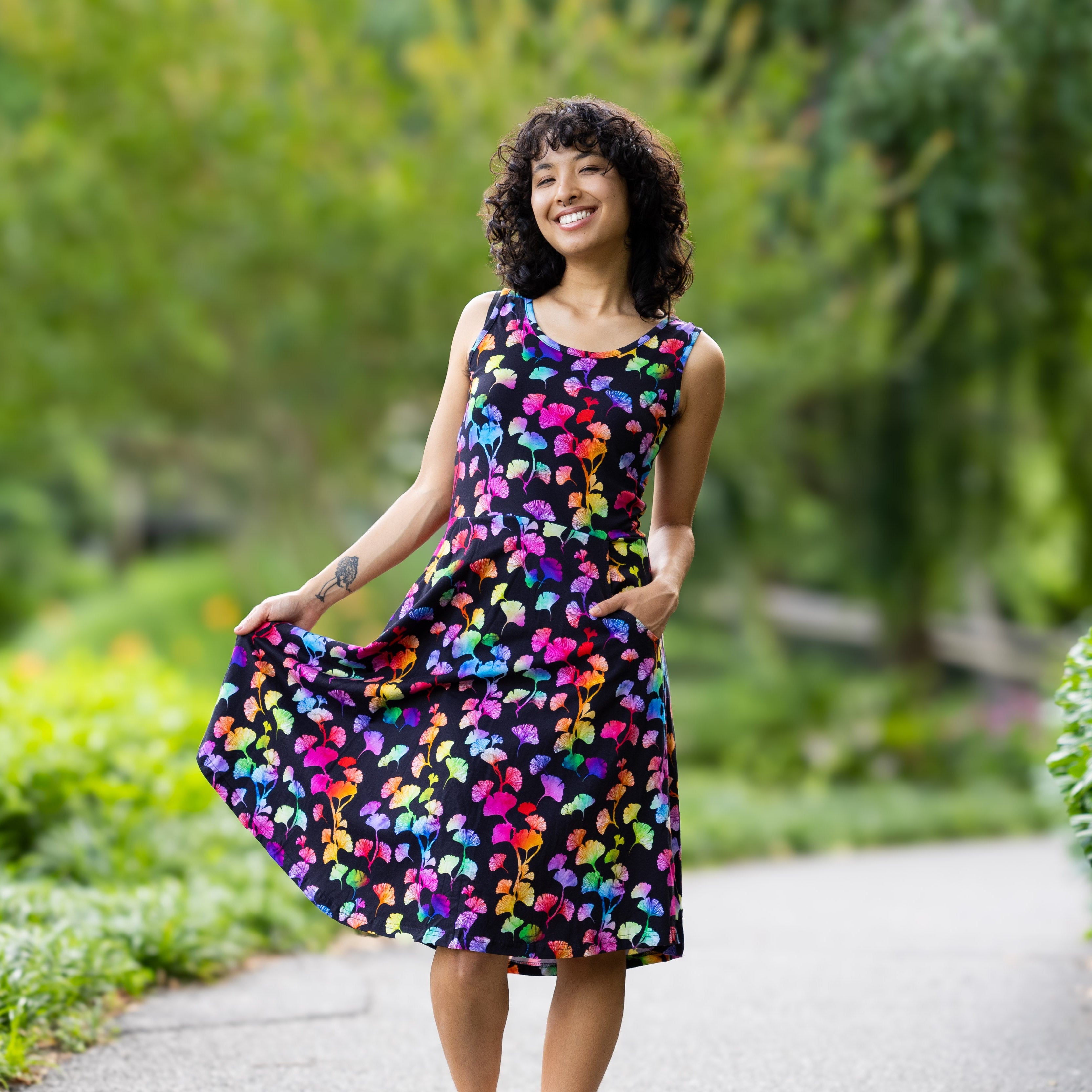 Rainbow Ginkgo Leaves Sleeveless Fit & Flare Dress