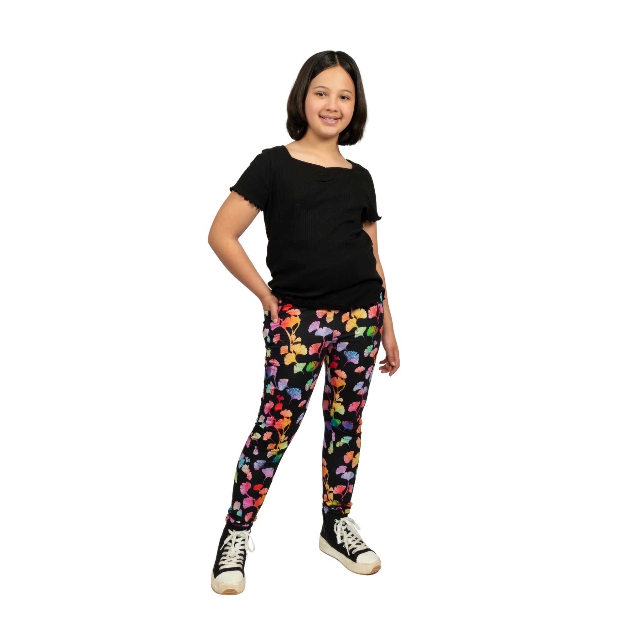 Rainbow Ginkgo Leaves Kids Leggings with Pockets