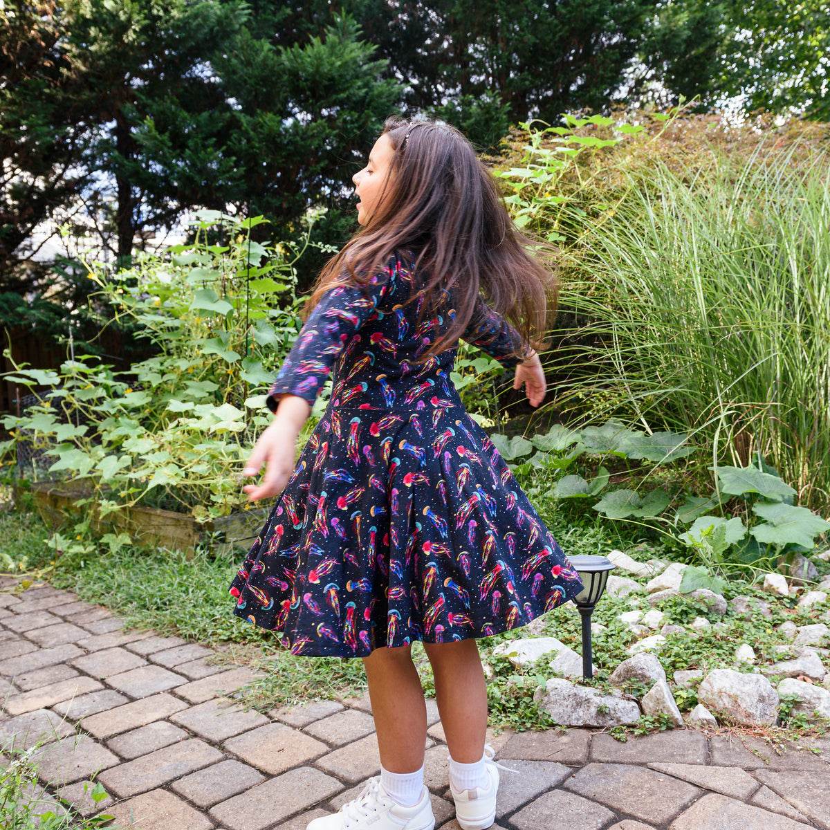 Rainbow Jellyfish Kids Twirl Dress with Pockets