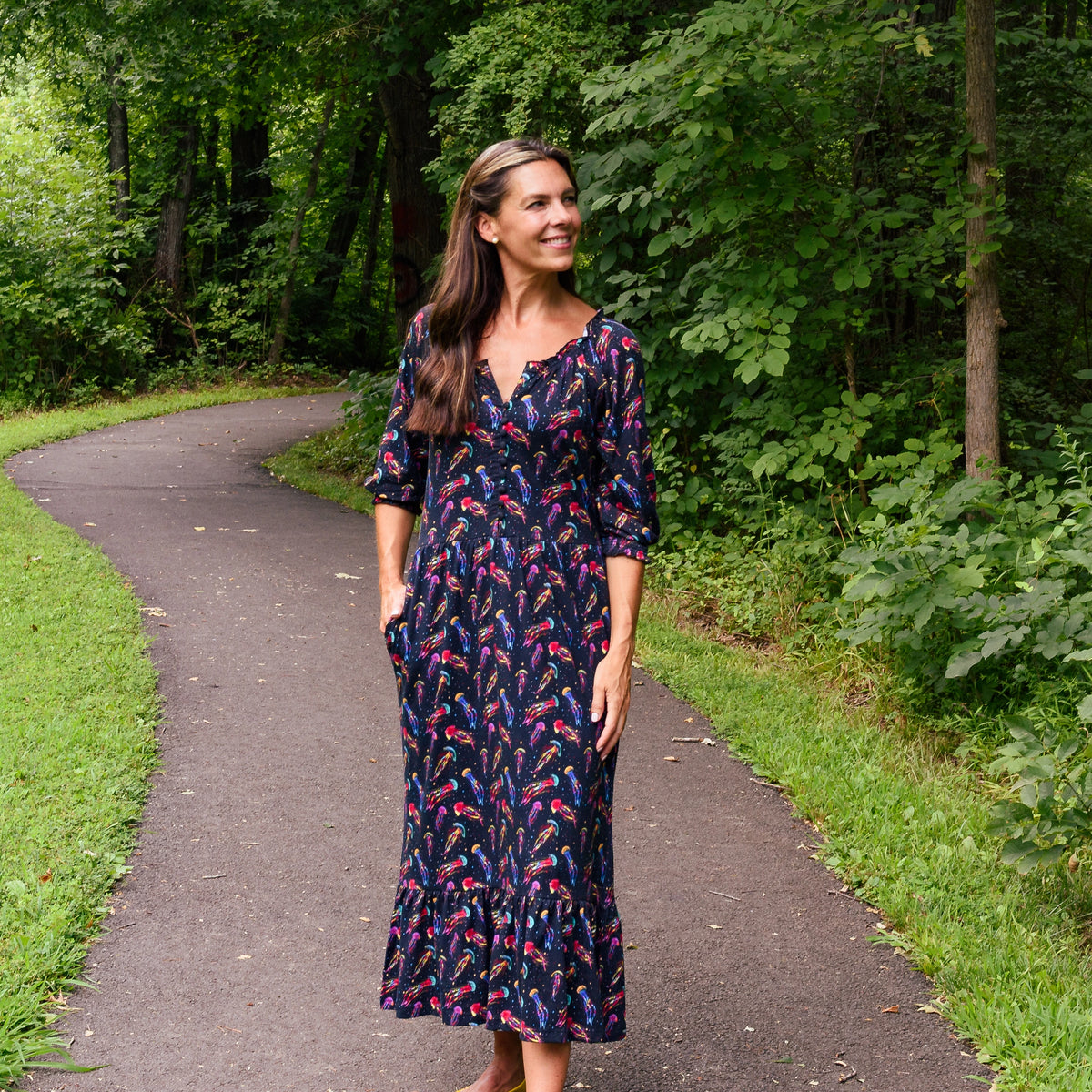 Rainbow Jellyfish Frill Midi Dress with Pockets