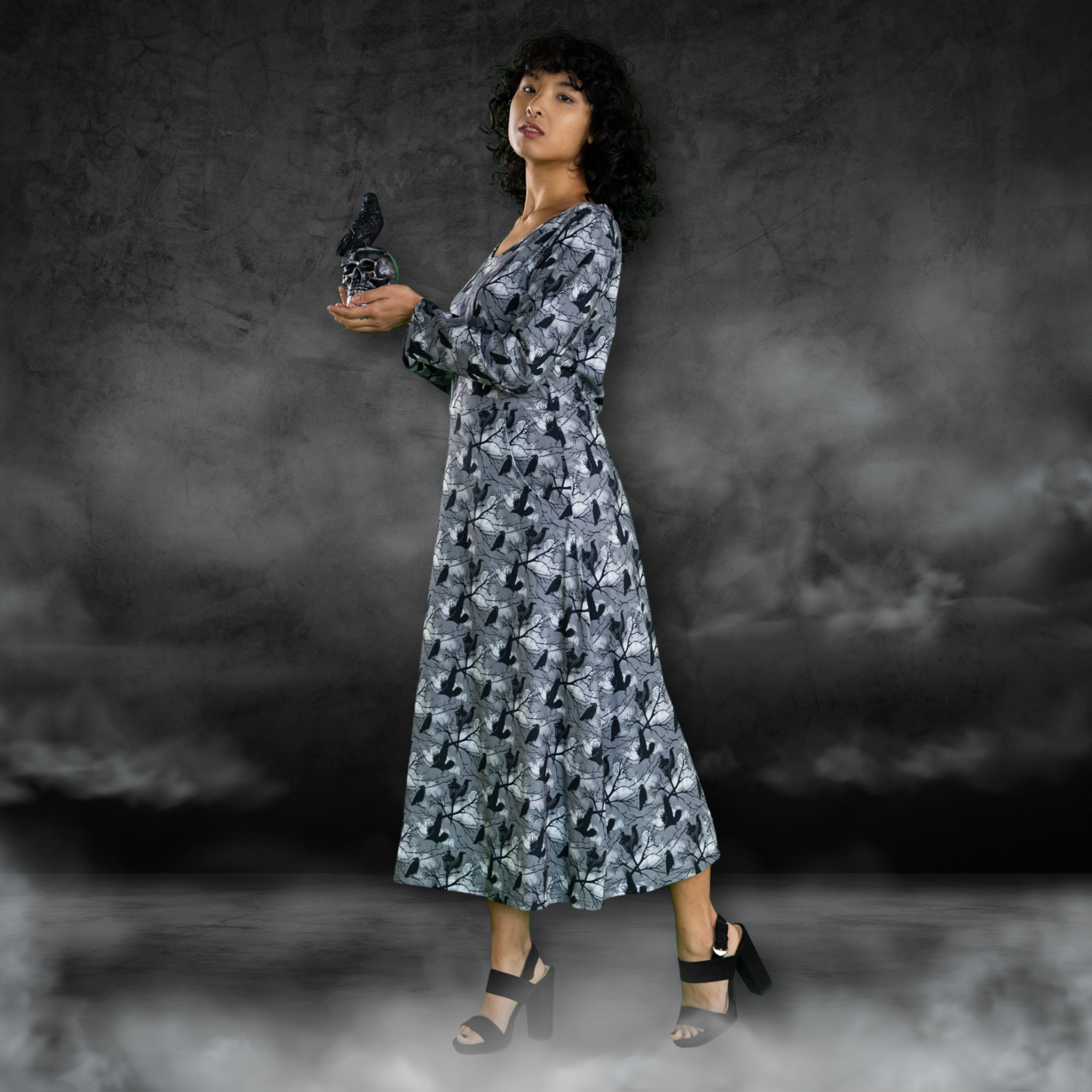 Raven Long Sleeve Midi Dress (With Waist Seam)