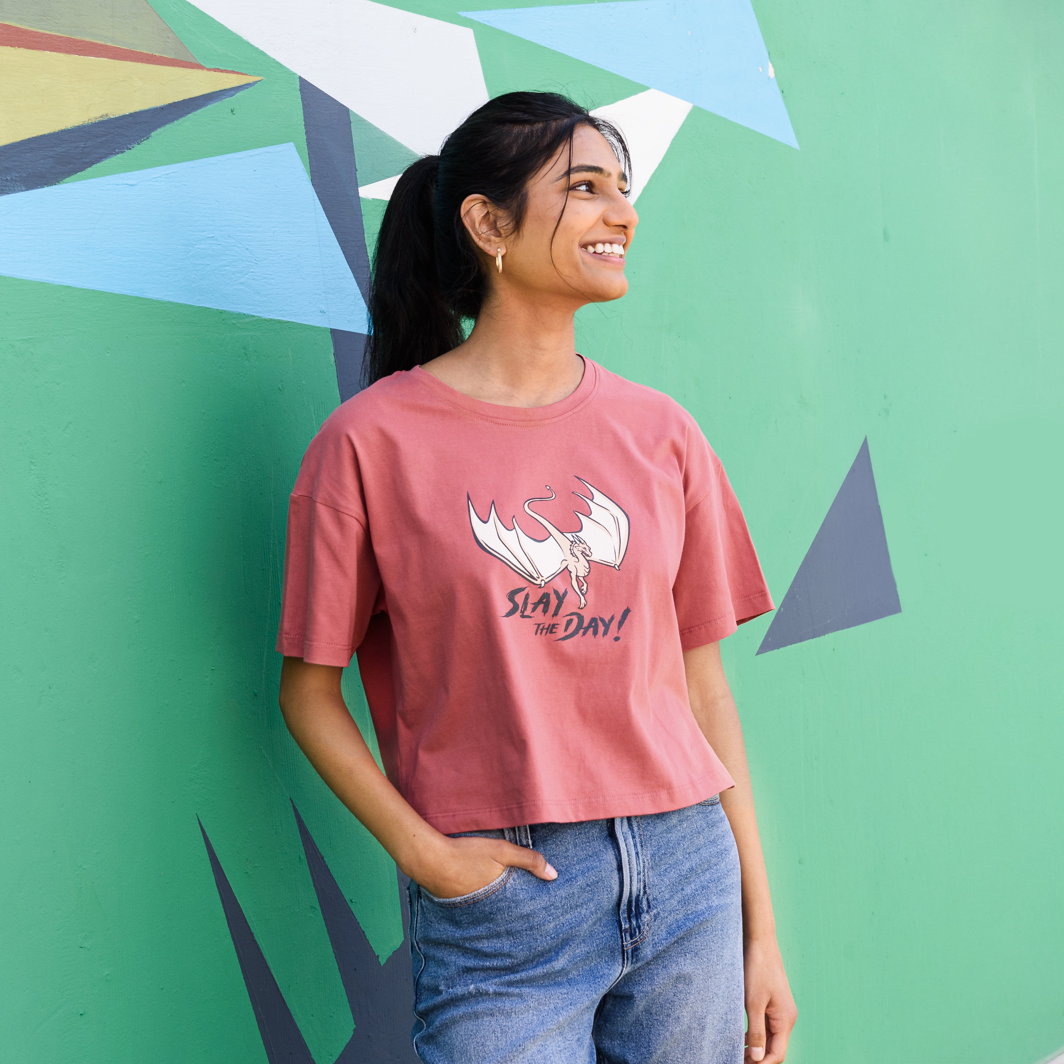 Slay the day! Juniors Oversized Crop T-Shirt