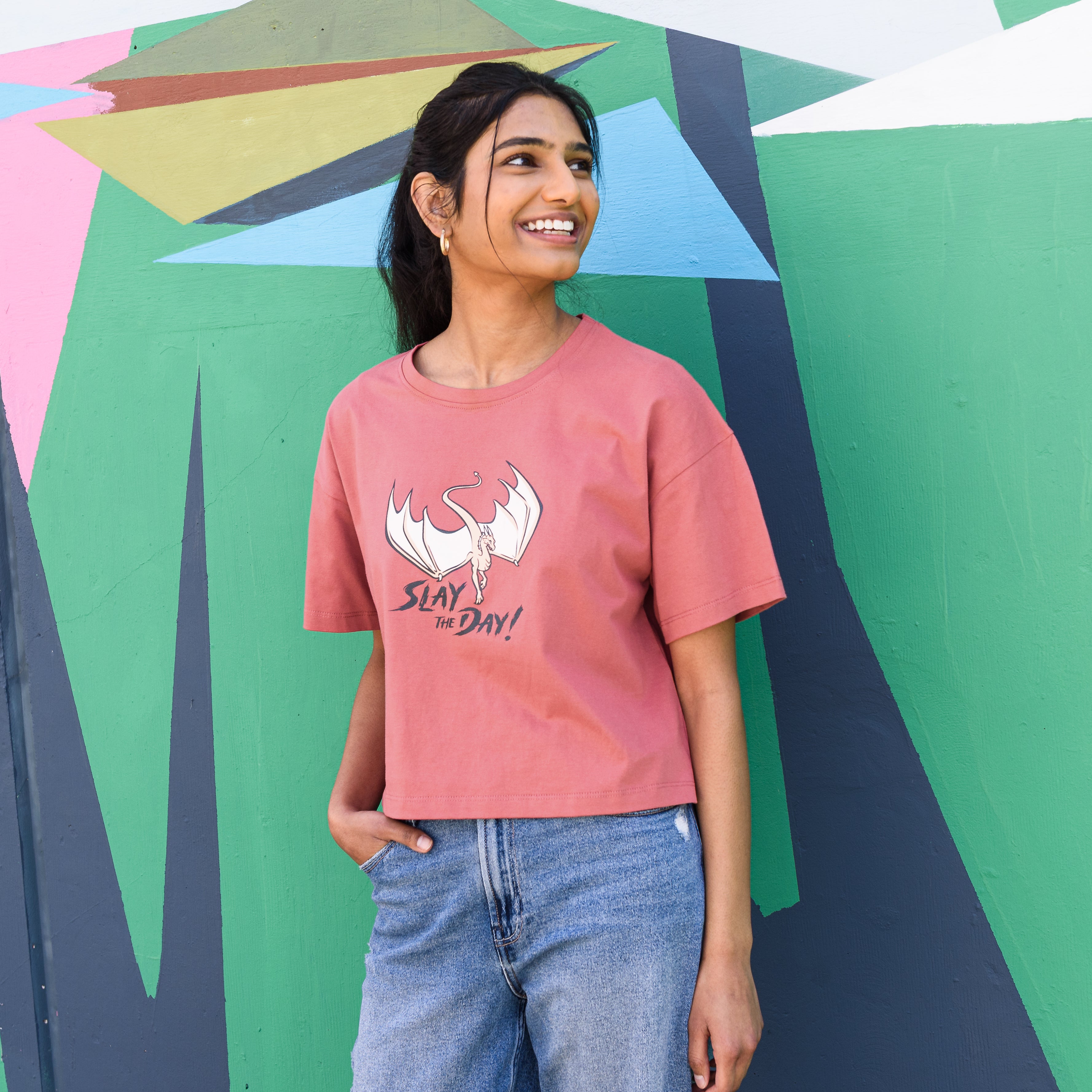 Slay the day! Juniors Oversized Crop T-Shirt