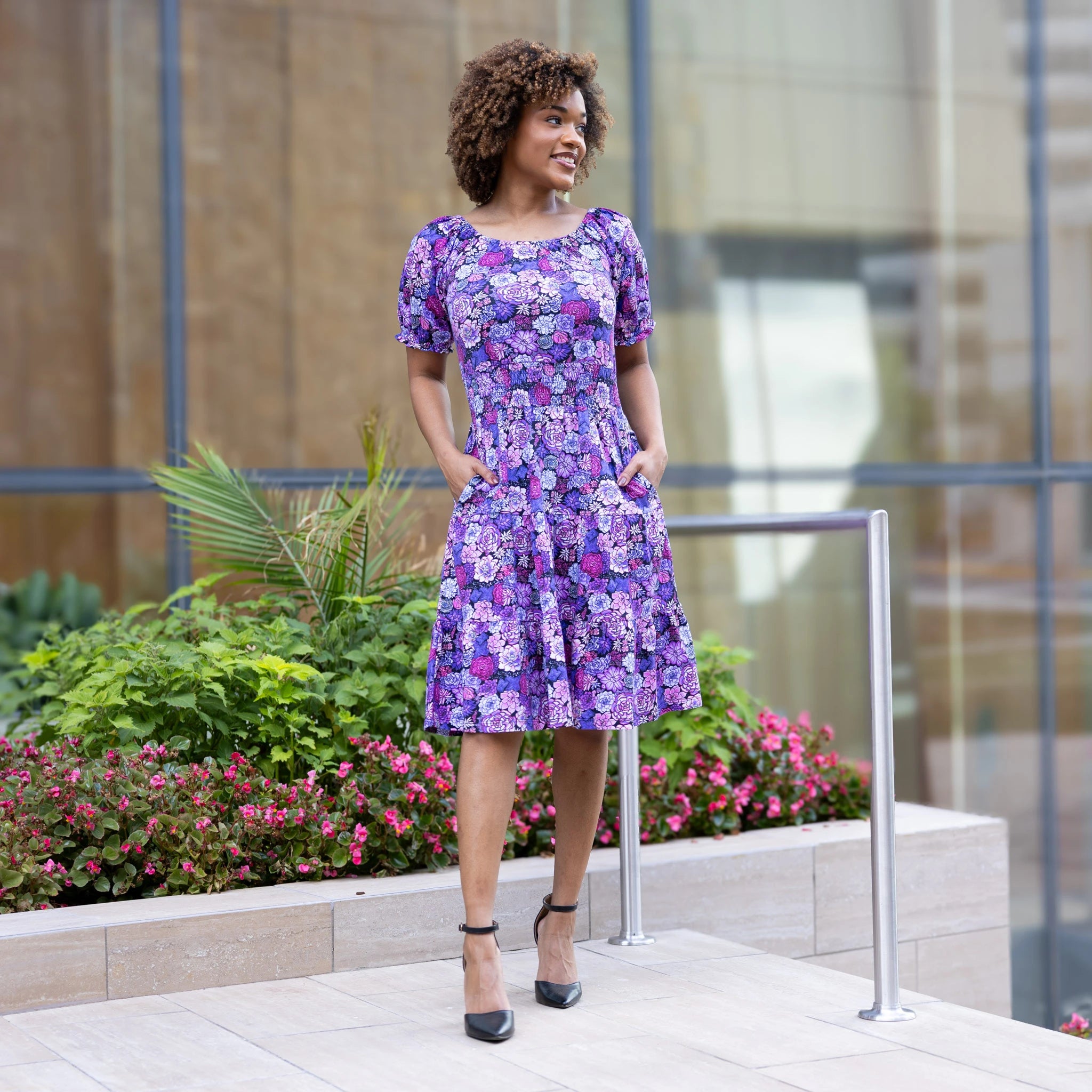 Succulents Elastic Square-Neck Dress