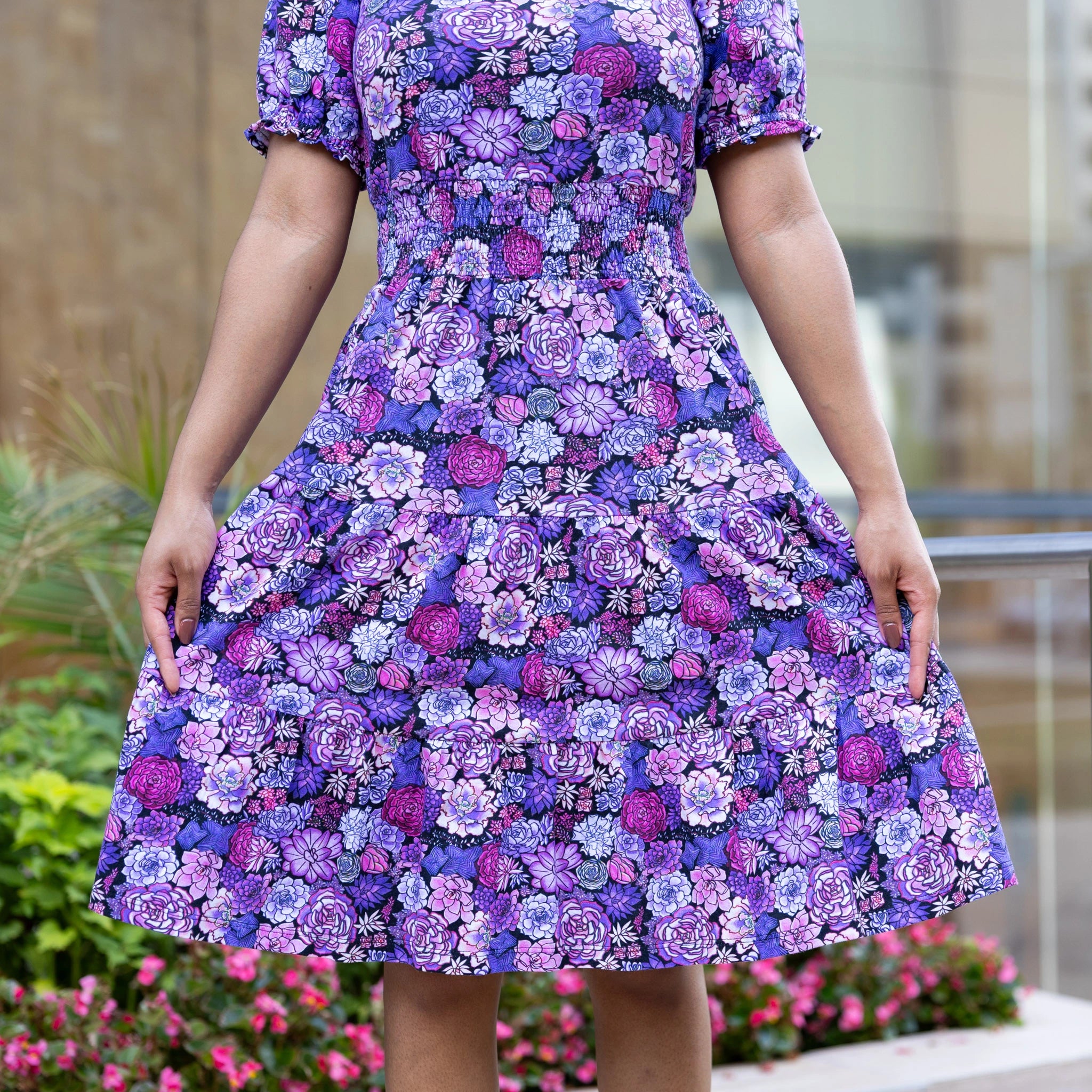 Succulents Elastic Square-Neck Dress