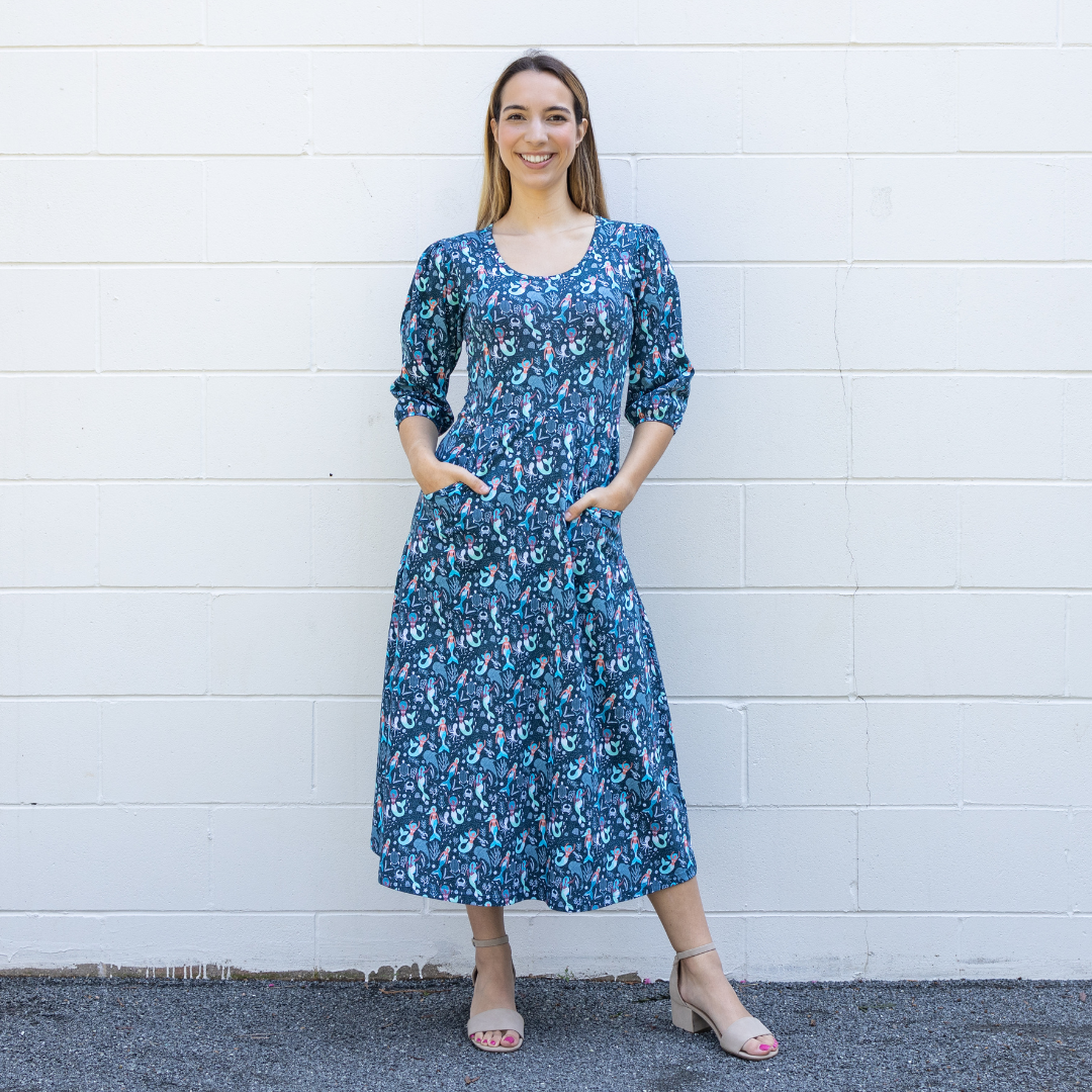 Mermaids Elastic Puff-Sleeves Midi Dress with Pockets