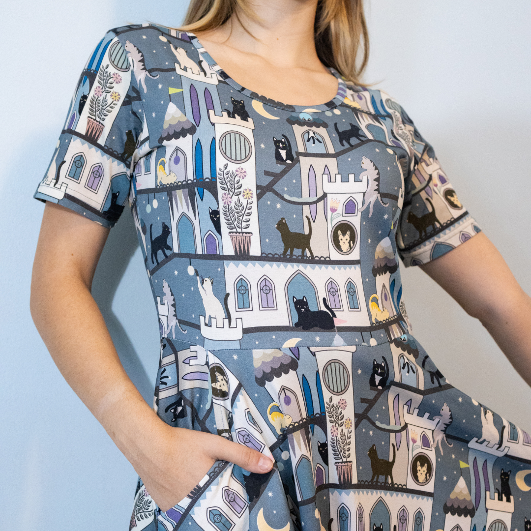 Cats and Castles Twirl Dress with Pockets
