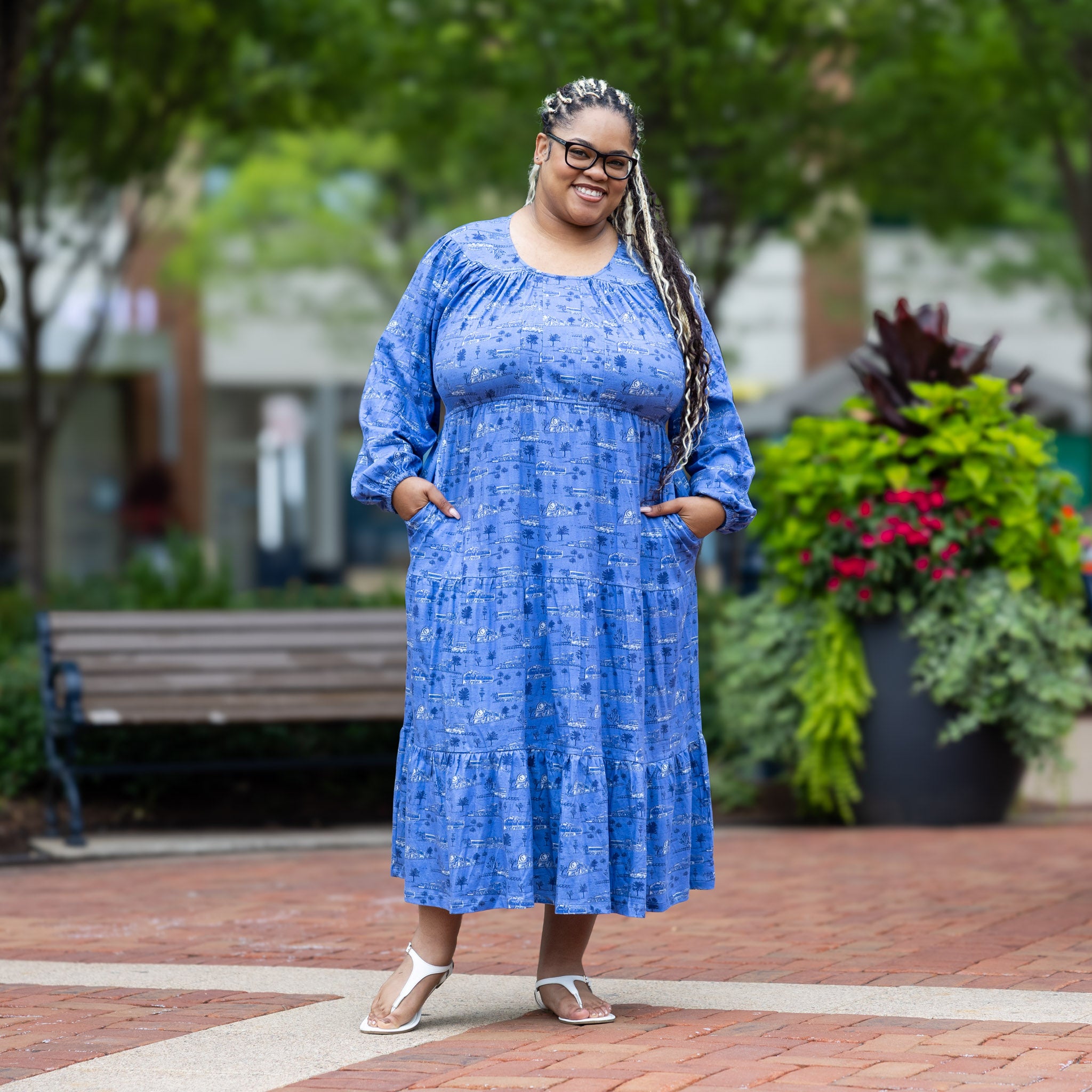 Trains Long Sleeve Midi Dress (With Waist Seam)