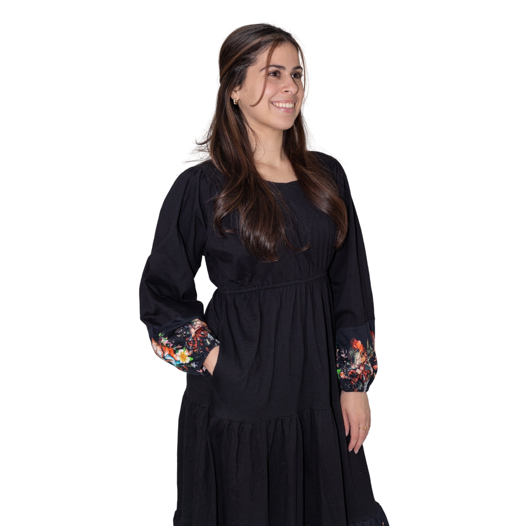 Floral Hearts Long Sleeve Midi Dress (With Waist Seam)