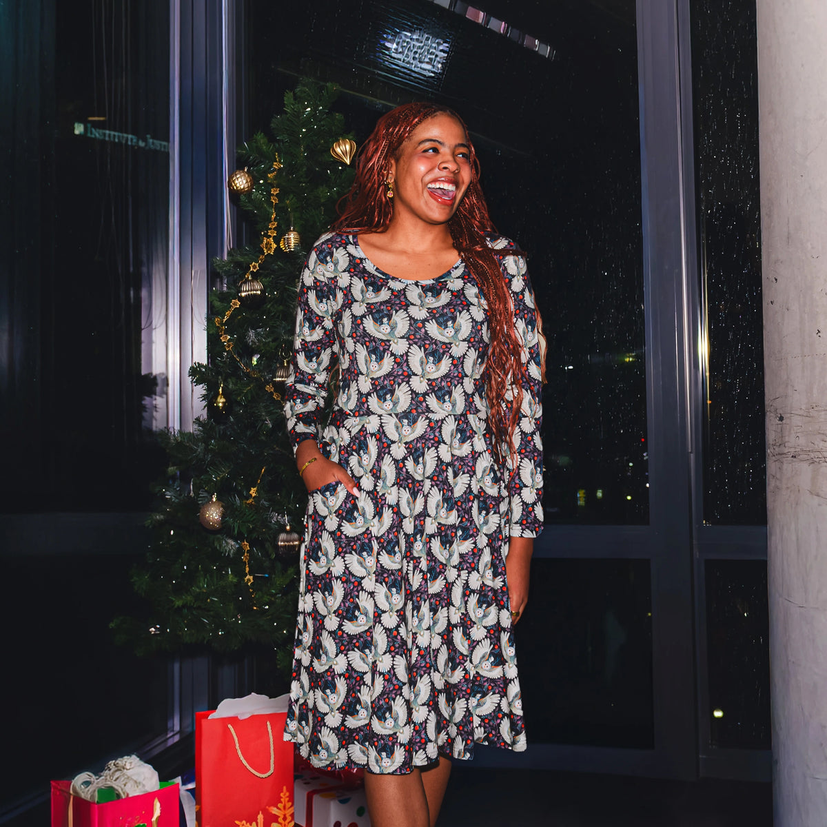 Winter Owl Twirl Dress with Pockets