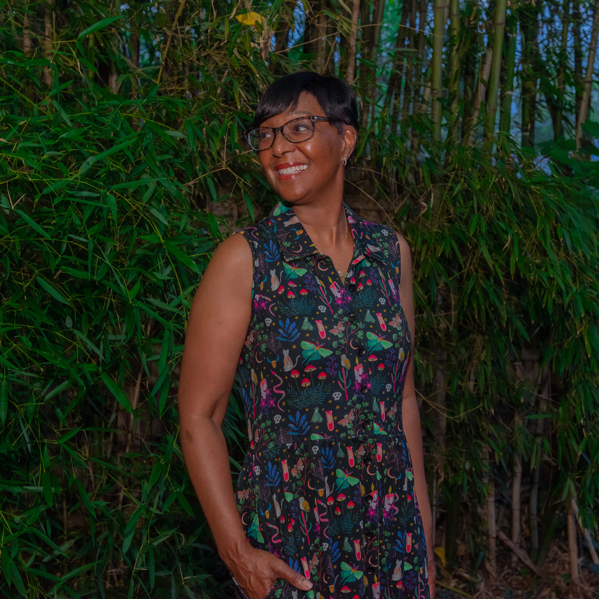 Witchy Forest Button-Up Midi Dress with Pockets