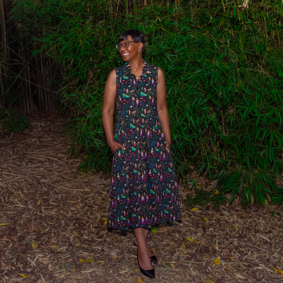 Witchy Forest Button-Up Midi Dress with Pockets