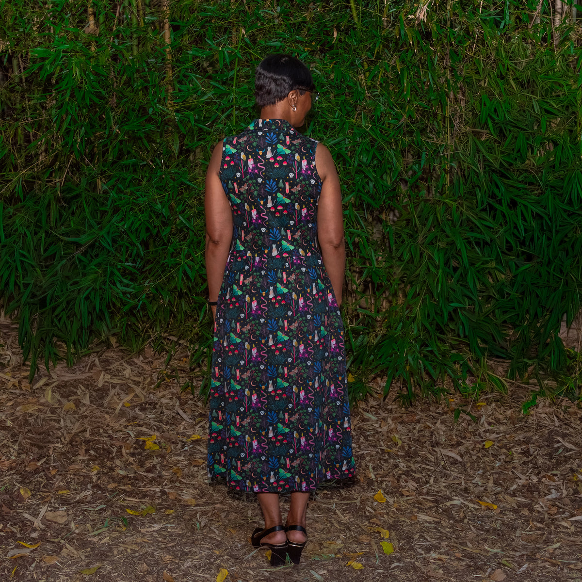 Witchy Forest Button-Up Midi Dress with Pockets