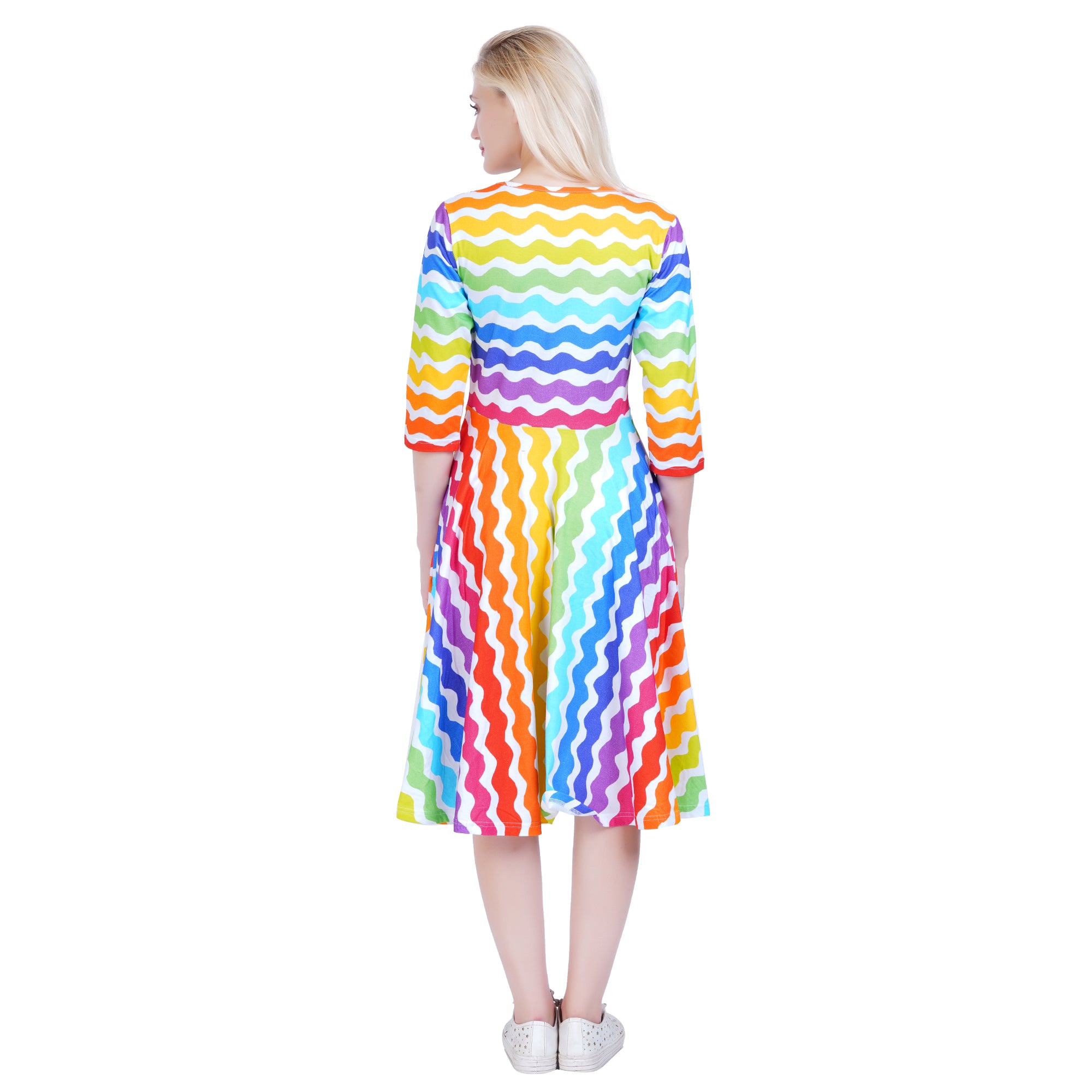 (Pre-order) Zig Zag Rainbow 3/4th Sleeves Fit & Flare Dress