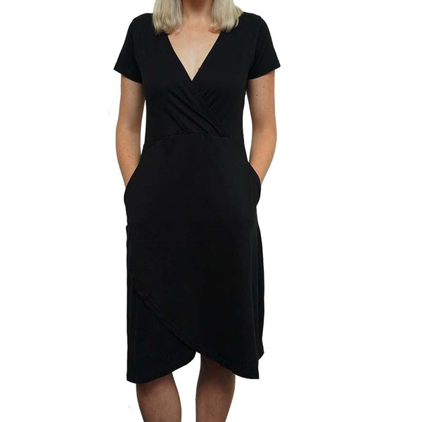 Black Faux Wrap Dress with Pockets - SVAHA USA