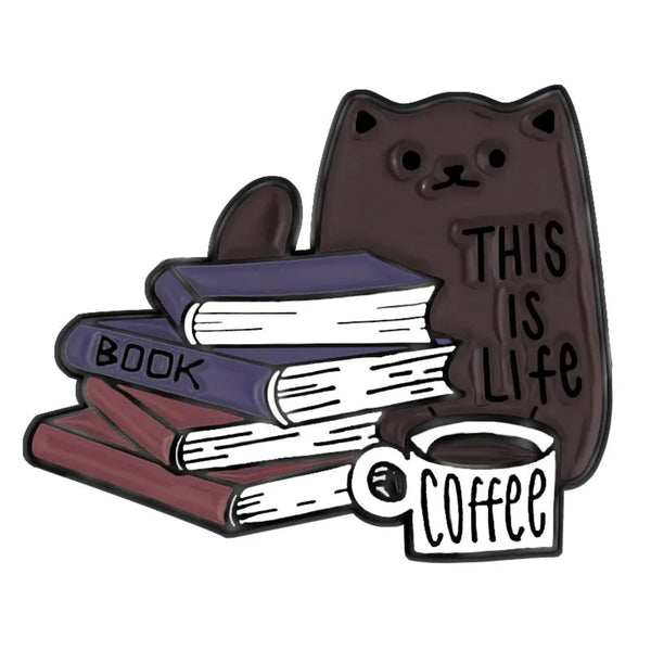 Cat and Books Enamel Pin