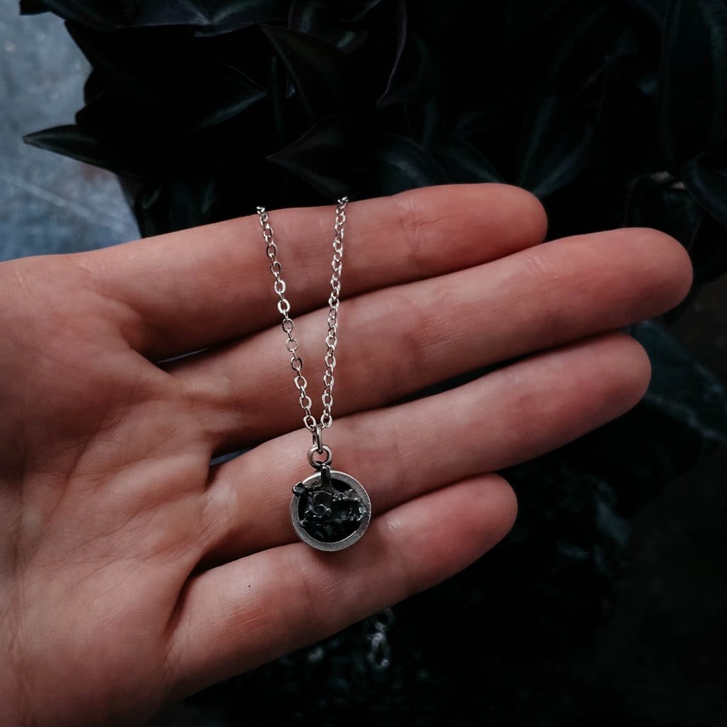Small Round Meteorite Pendant Necklace in Matte Brushed Silver